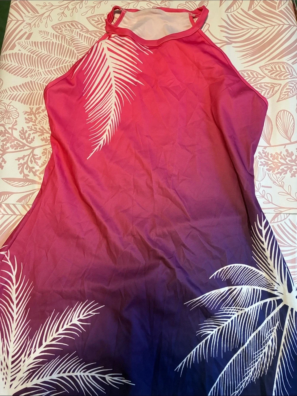 Women’s Gradient Halter Tank Top with White Palm Print - Pink/Purple